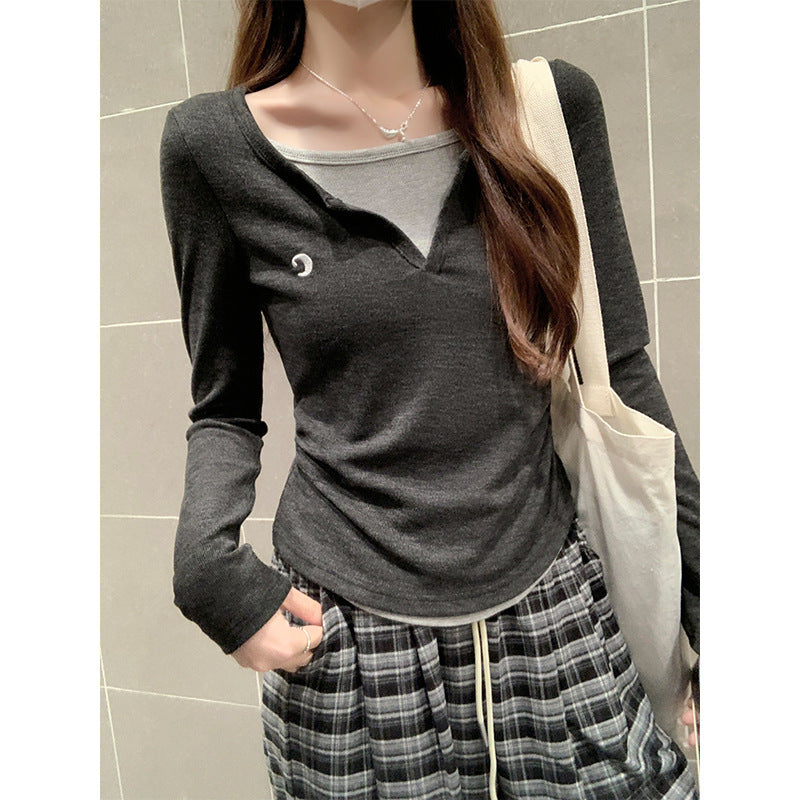 Two-Piece V-Neck Slim Fit Base Shirt Women Autumn Top