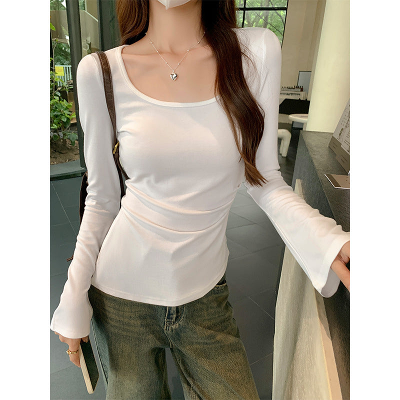 White Square Neck Slim Fit Long Sleeve Women Top