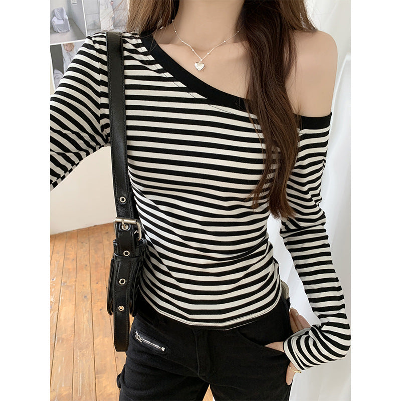 Striped Shoulder Slim Fit Long Sleeve Women Autumn Top