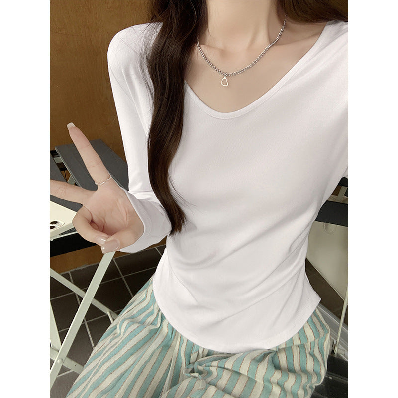 White U-Neck Slim Fit Long Sleeve Women Autumn Top