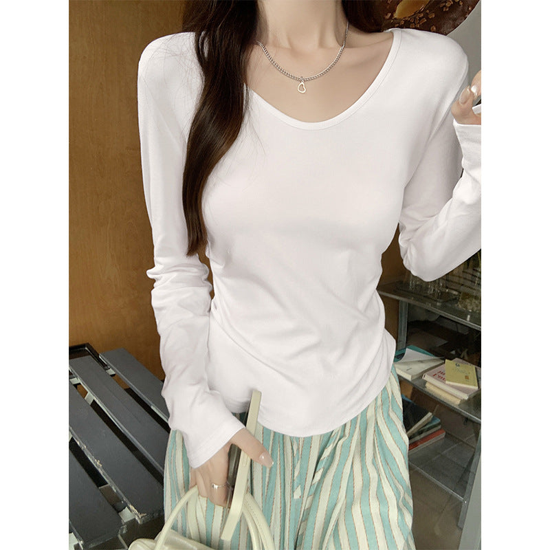 White U-Neck Slim Fit Long Sleeve Women Autumn Top