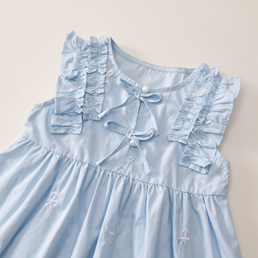 Girls Blue Ruffled Summer Dress 2026 Bow Embroidered – Summer Kids Fashion Nepal | Tudoholic