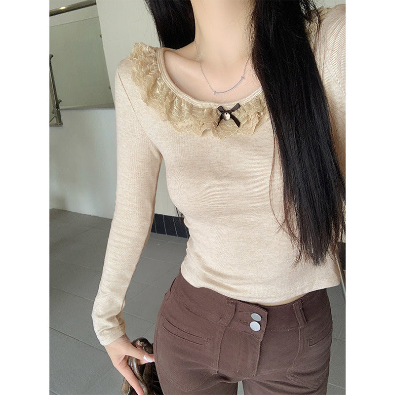 Oatmeal U-Neck Lace Slim Fit Women Spring Top