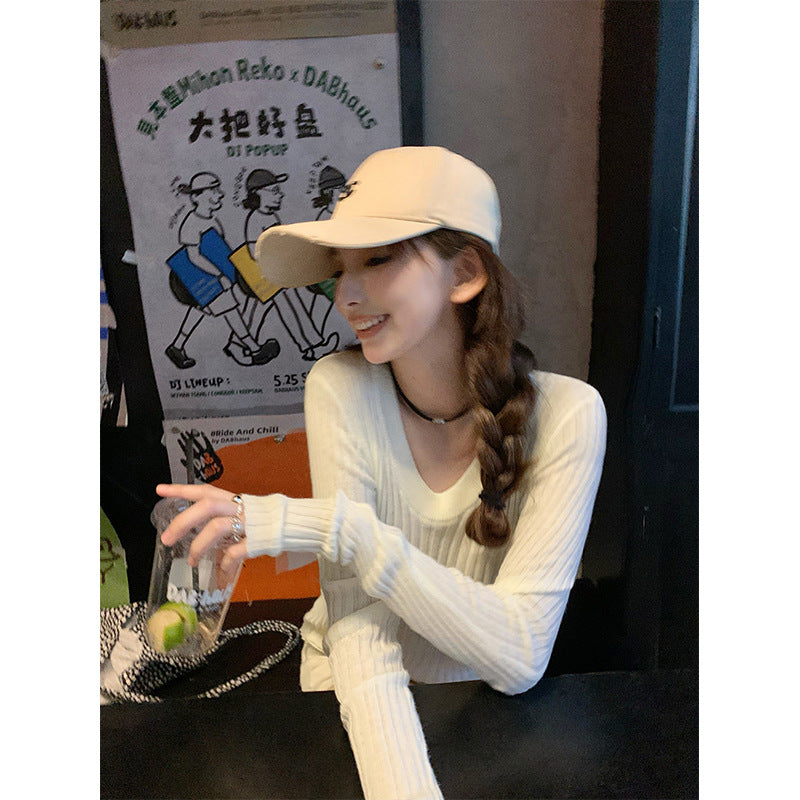 White V-Neck Knitted Slim Fit Women Autumn Top