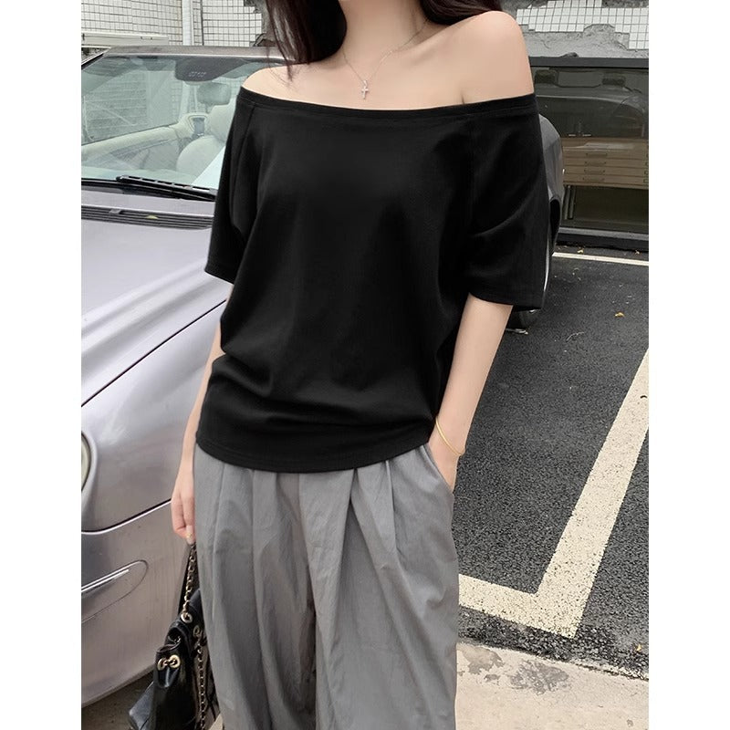 Black Off Shoulder Slim Fit Short Sleeve Women Summer Top