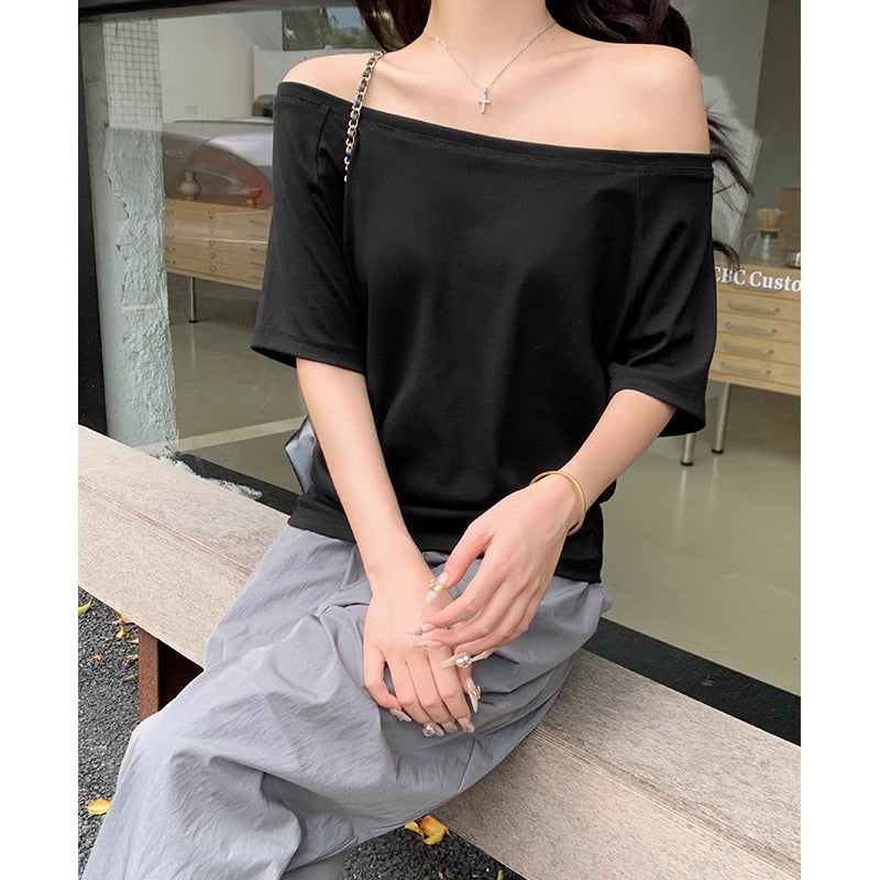 Black Off Shoulder Slim Fit Short Sleeve Women Summer Top
