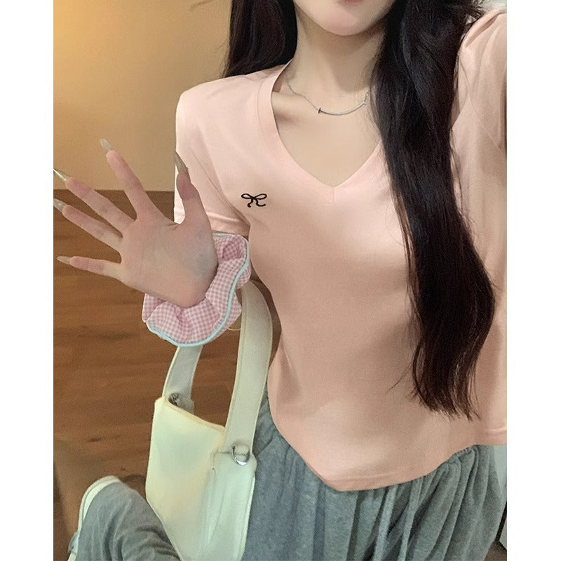Korean Bow Embroidered Short Sleeve Women Summer Top
