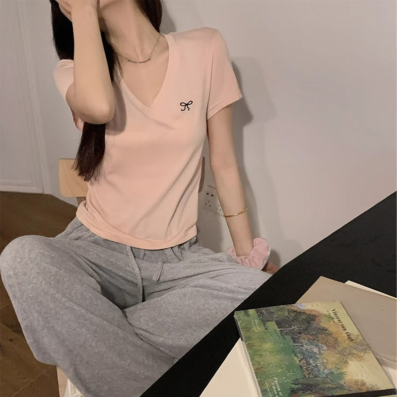 Korean Bow Embroidered Short Sleeve Women Summer Top