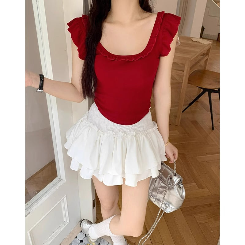 Red Backless Slim Fit Short Sleeve Women Summer Top