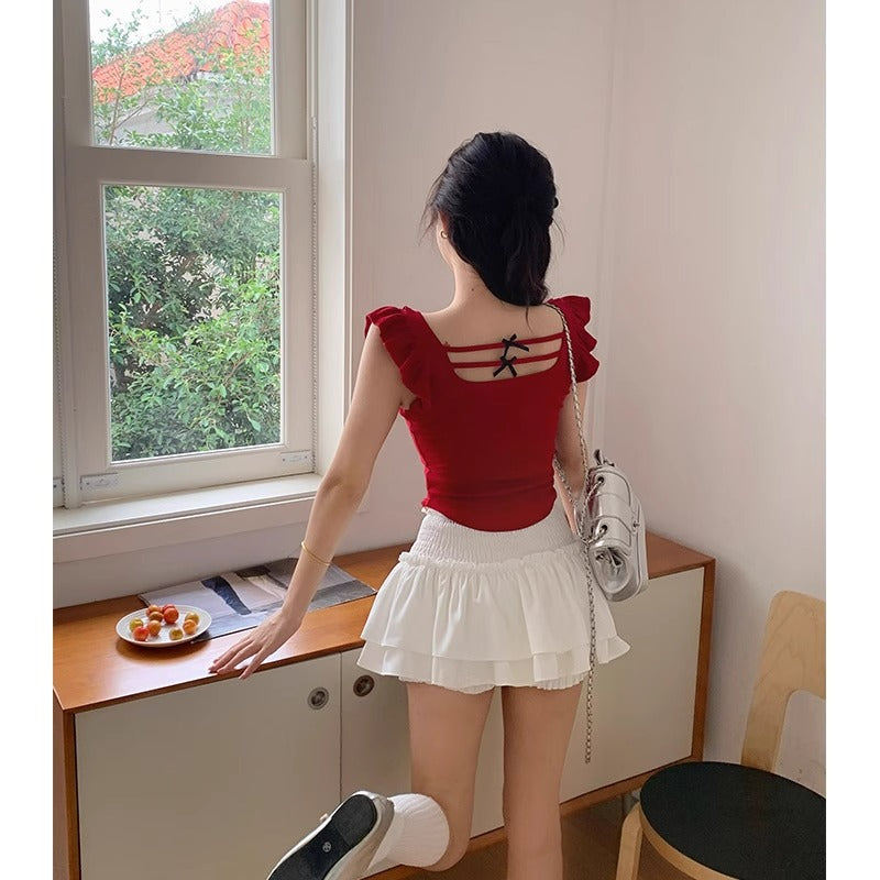 Red Backless Slim Fit Short Sleeve Women Summer Top