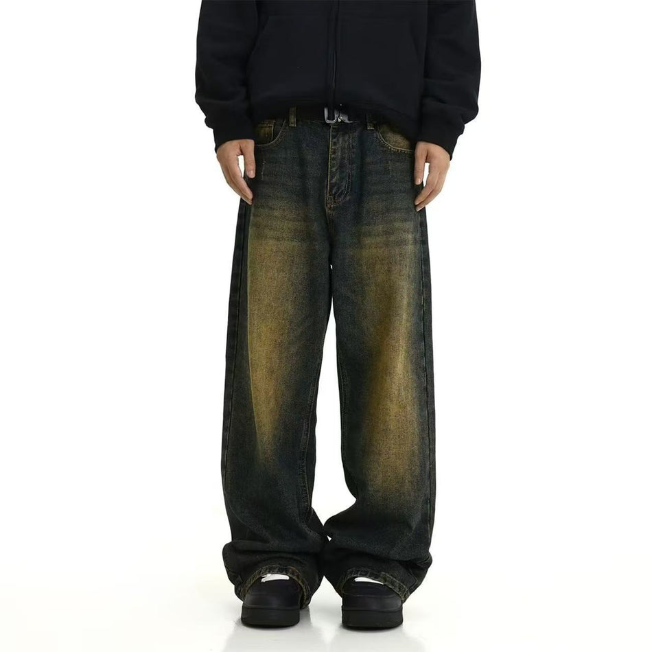Men's Vintage Yellow Mud-Dyed Wide-Leg Jeans
