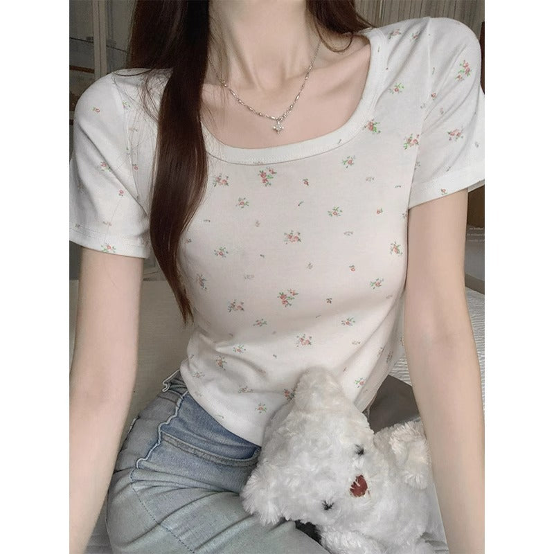 Floral Slim Fit Short Sleeve Women Summer Top