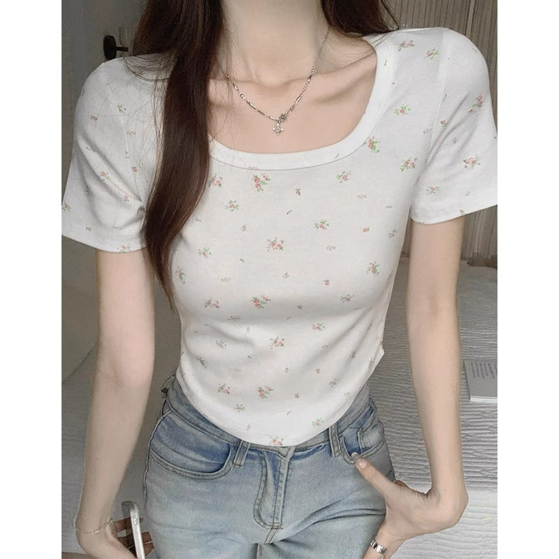 Floral Slim Fit Short Sleeve Women Summer Top