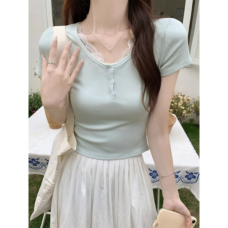 Korean Lace Slim Fit Short Sleeve Women Summer Top