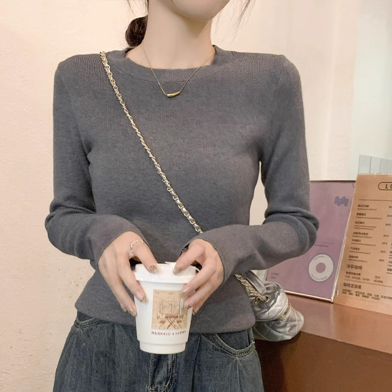 Gray Slim Fit Knit Sweater Women Winter 2026 Top