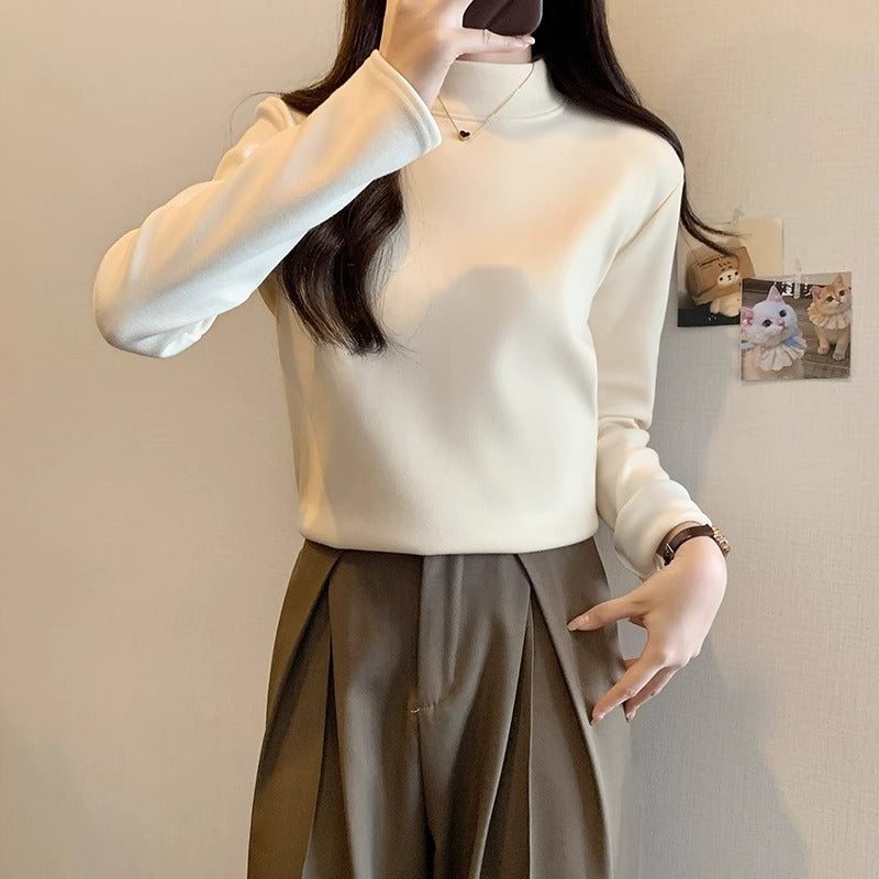 Apricot Fleece Half Turtleneck Women Winter Base Top