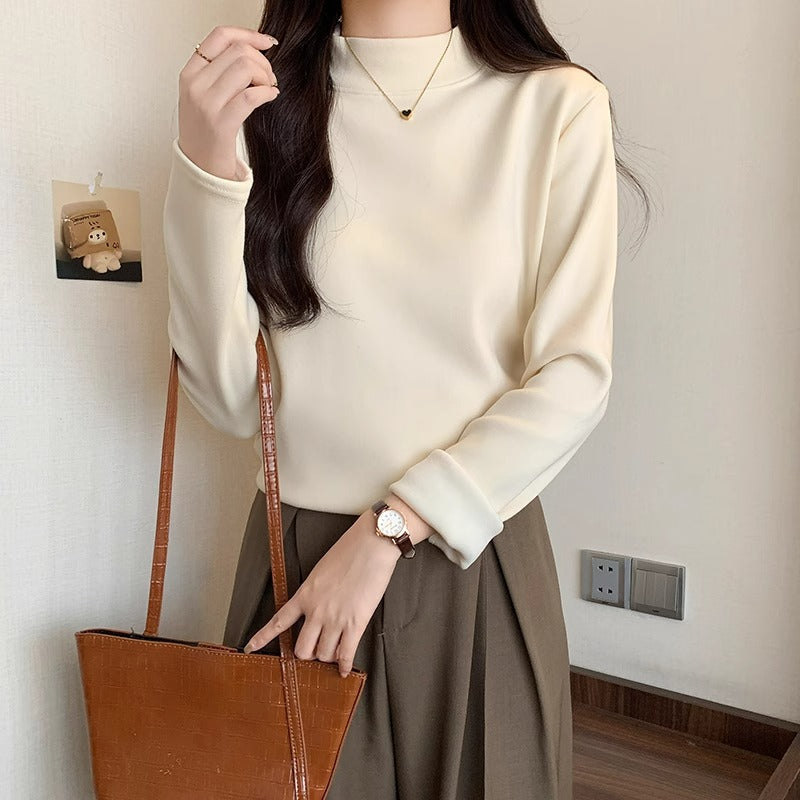 Apricot Fleece Half Turtleneck Women Winter Base Top