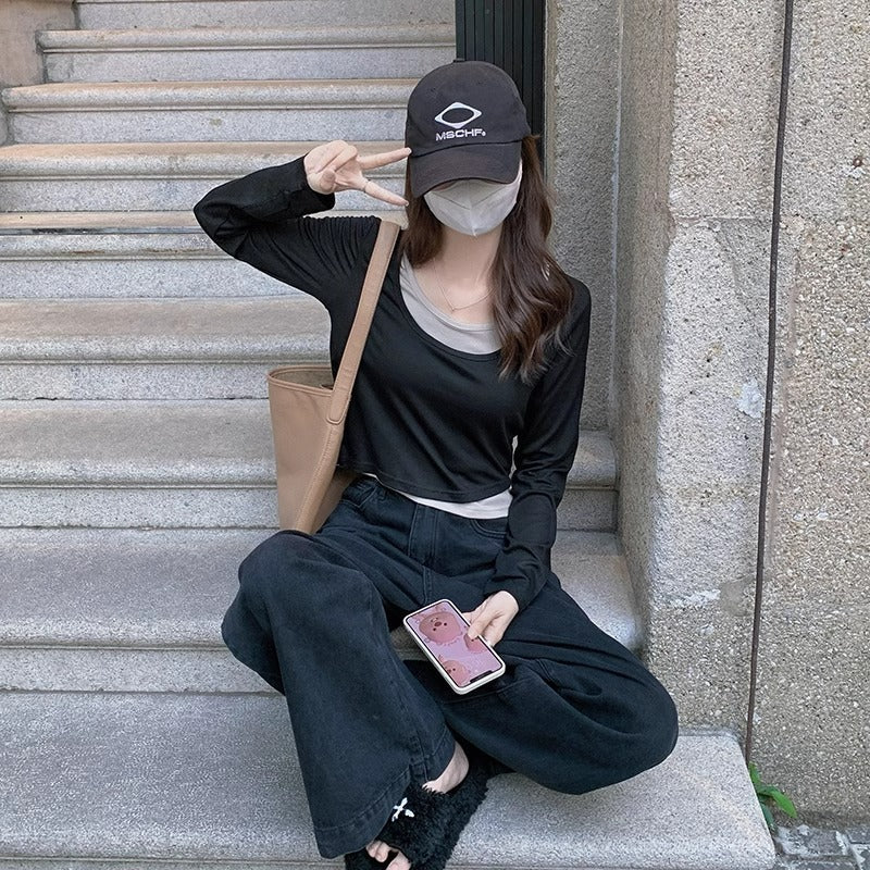 Women Fake Two-Piece Slim Fit Long Sleeve Top