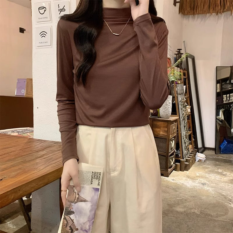 Women Maillard Velvet Half Turtleneck Slim Top