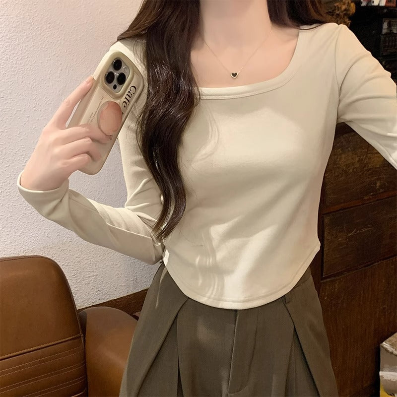 Women Velvet Square Neck Slim Fit Long Sleeve Top