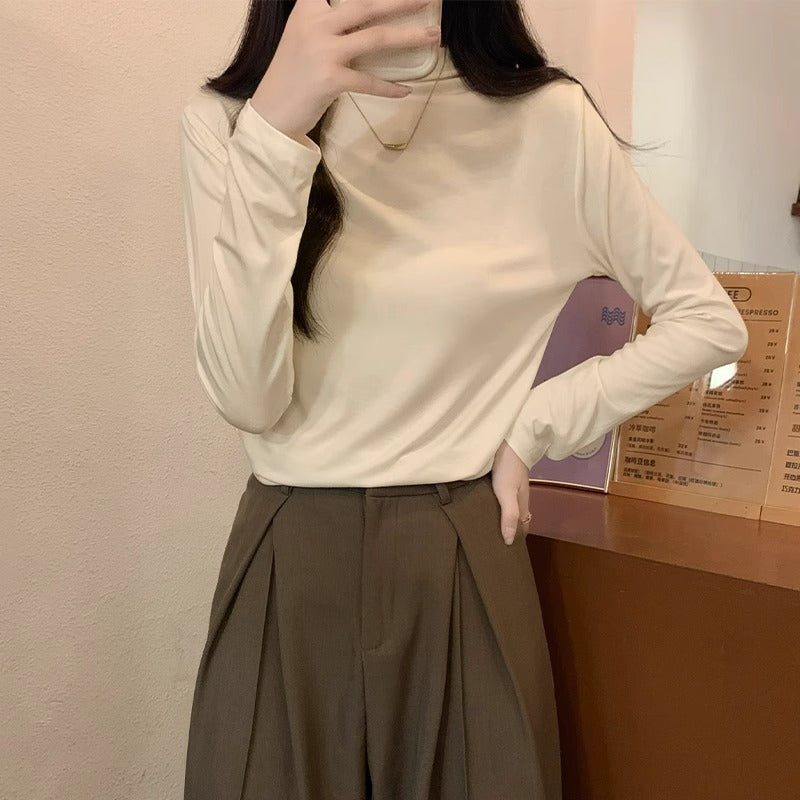 Women French Style Fleece Half Turtleneck Slim Top