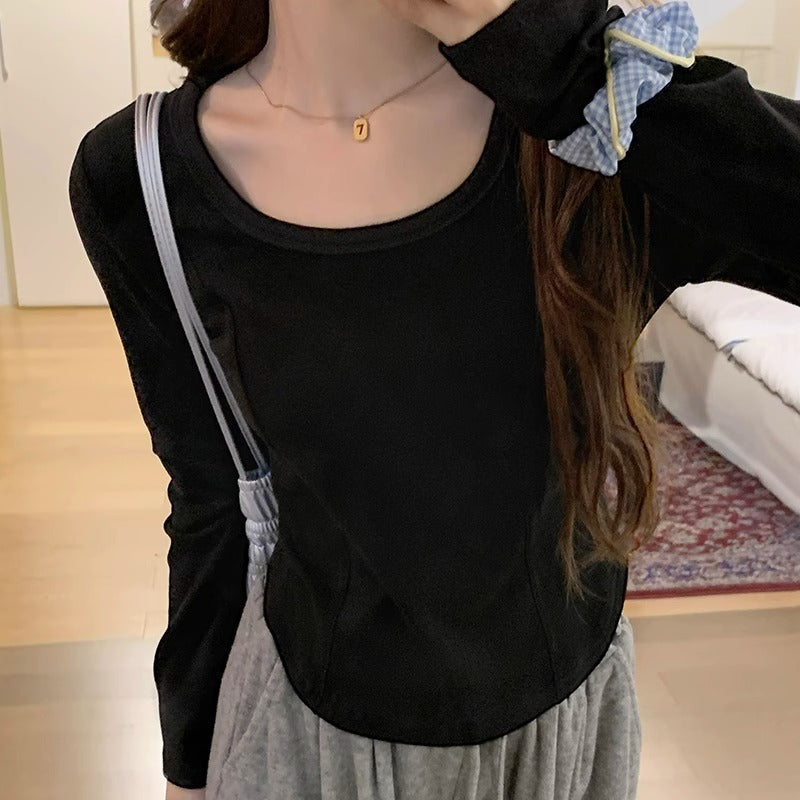 Women Velvet Square Collar Waist Slim Long Sleeve Top