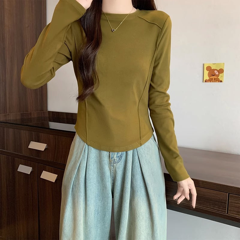 Women Velvet Fishbone Slim Fit Long Sleeve Top