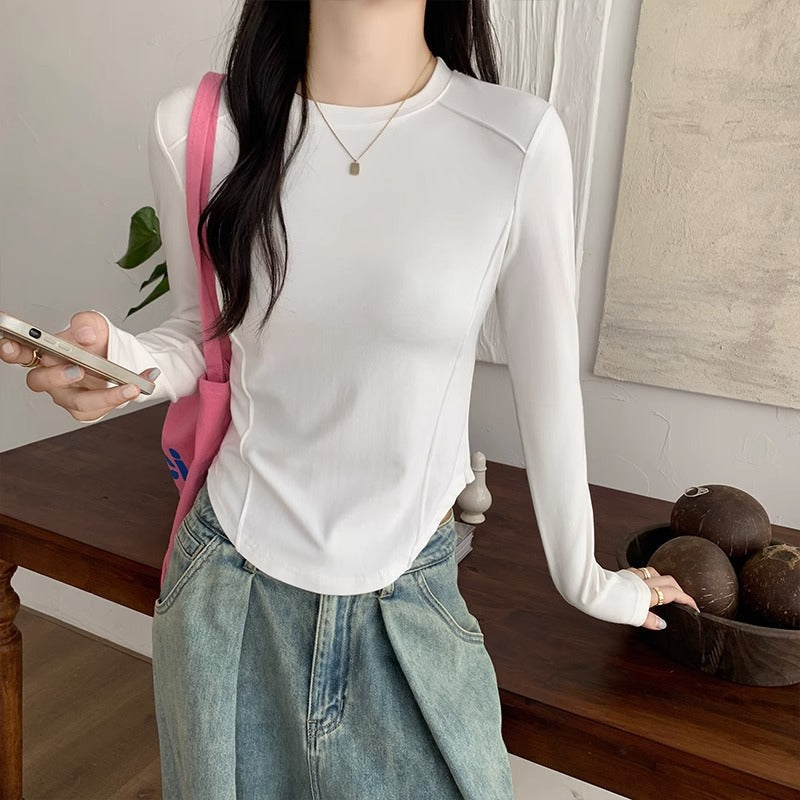 Women White Irregular Hem Slim Fit Long Sleeve Top