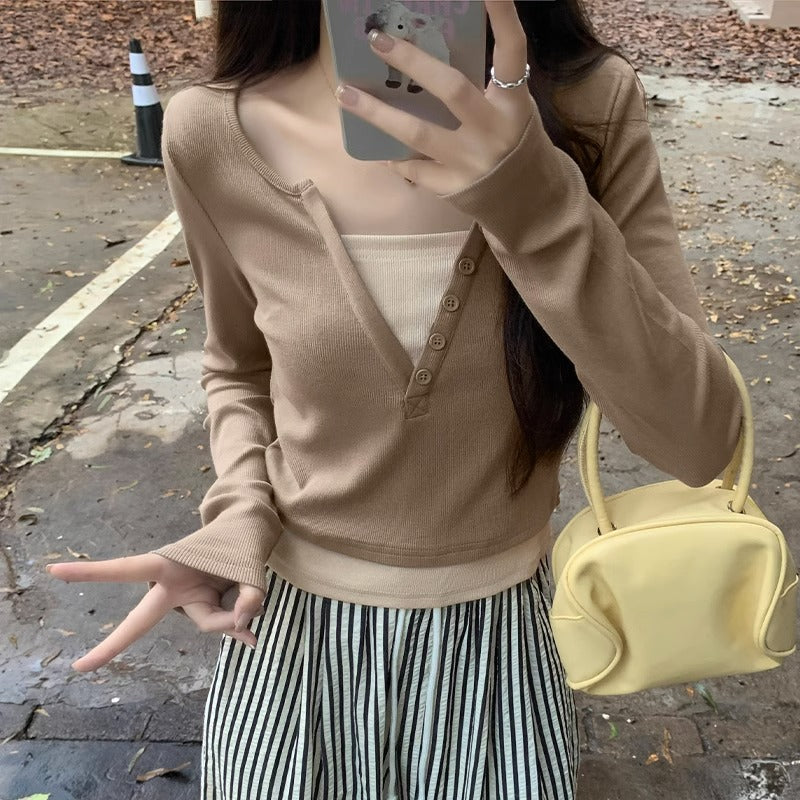 Women Low Collar Two-Piece Long Sleeve Slim Top