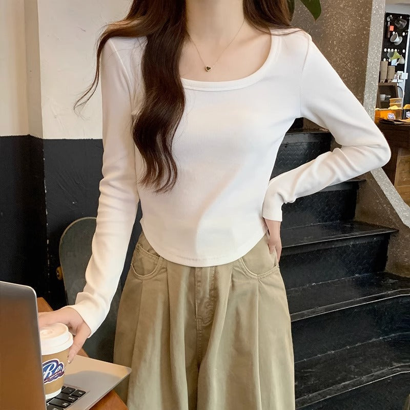 Women White Slim Fit Irregular Hem Long Sleeve Top