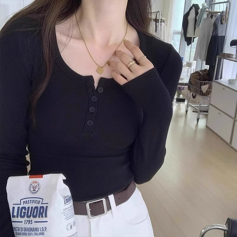 Women Chic U-Neck Button Slim Long Sleeve Top