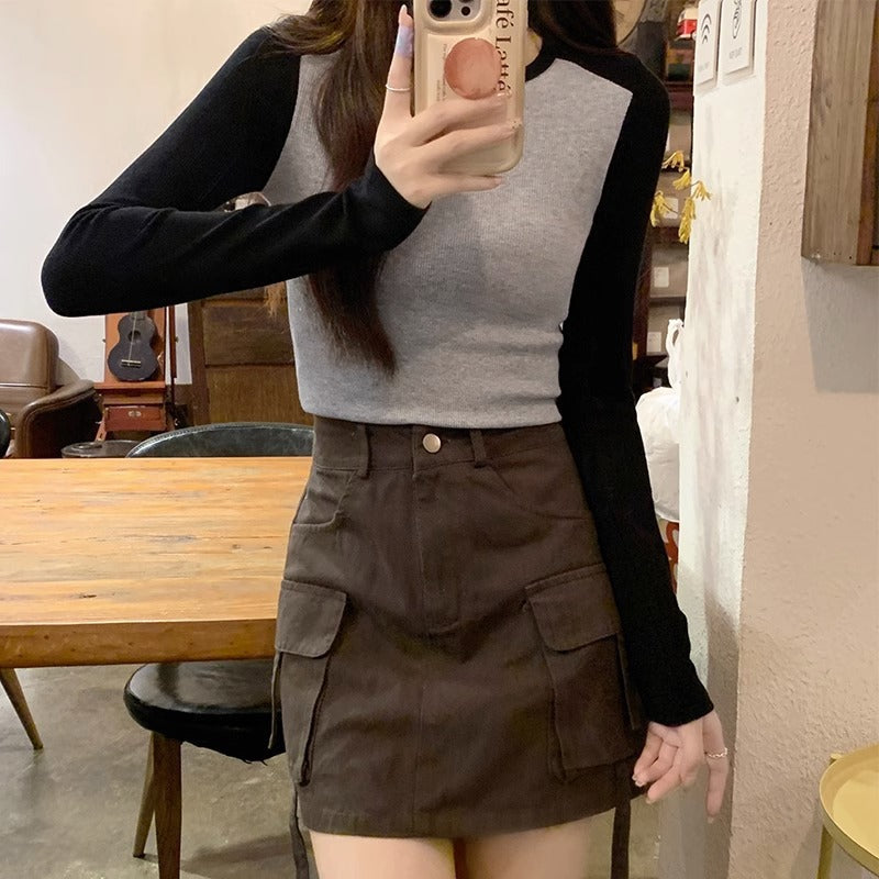 Women Raglan Contrast Color Long Sleeve Top