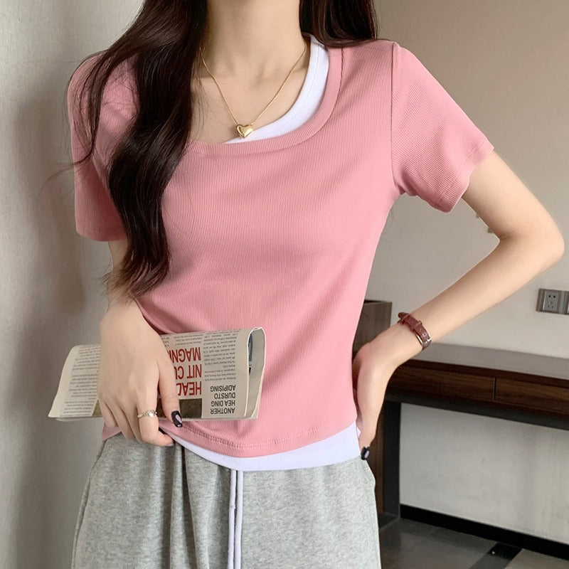 Women Fake Two-Piece Slim Summer Short Sleeve Top