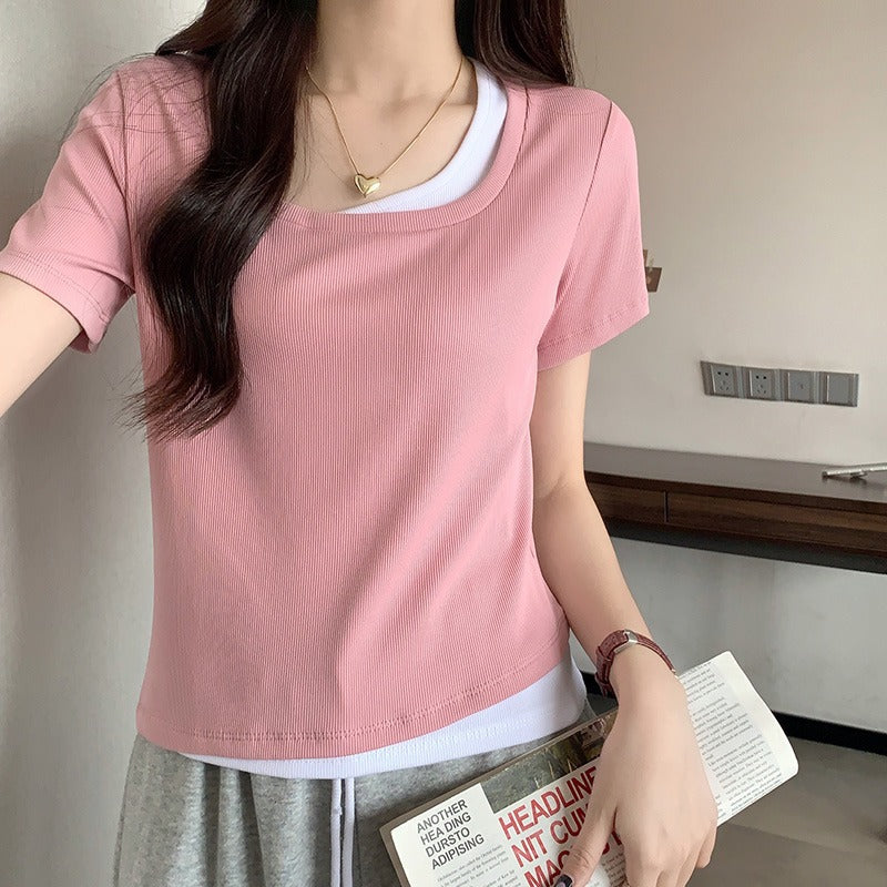 Women Fake Two-Piece Slim Summer Short Sleeve Top