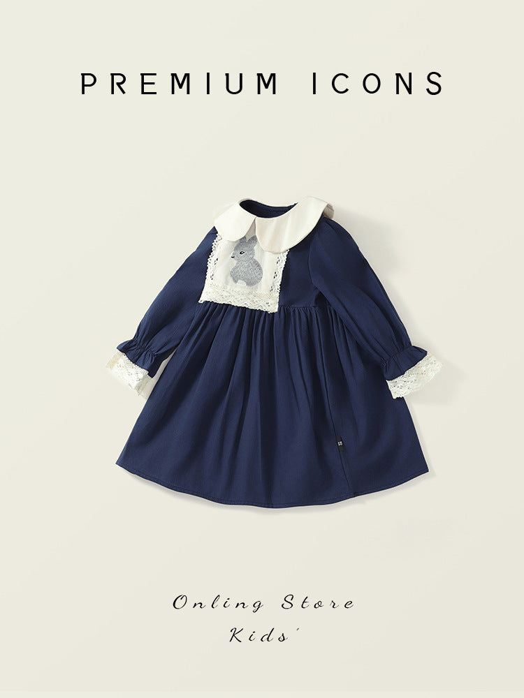 Girls Rabbit Embroidered Navy Princess Dress – Kids Fashion Nepal | Tudoholic
