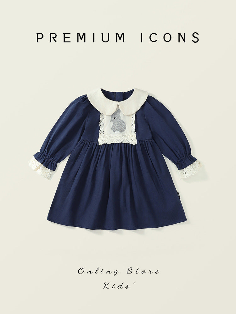 Girls Rabbit Embroidered Navy Princess Dress – Kids Fashion Nepal | Tudoholic