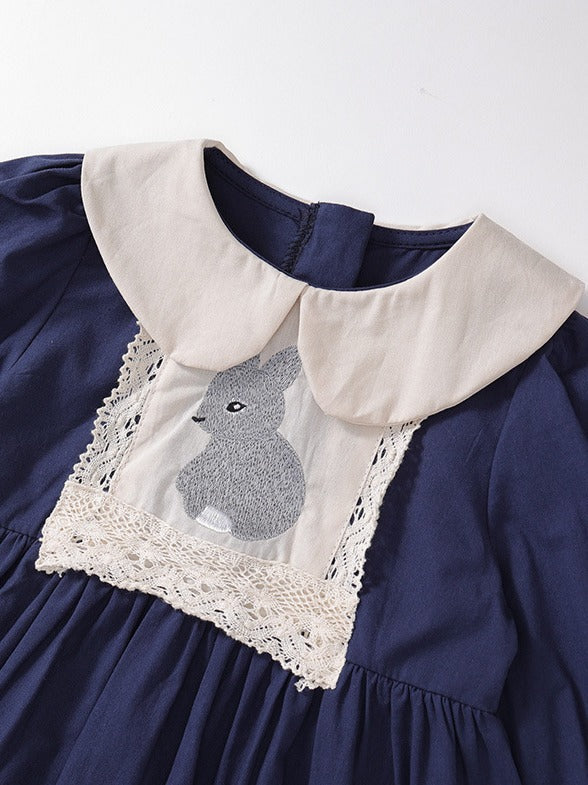 Girls Rabbit Embroidered Navy Princess Dress – Kids Fashion Nepal | Tudoholic