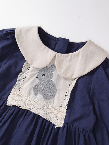 Girls Rabbit Embroidered Navy Princess Dress – Kids Fashion Nepal | Tudoholic