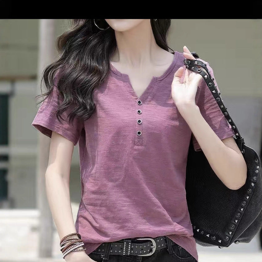 V Neck Loose Slim Fit T-Shirt for Women Summer