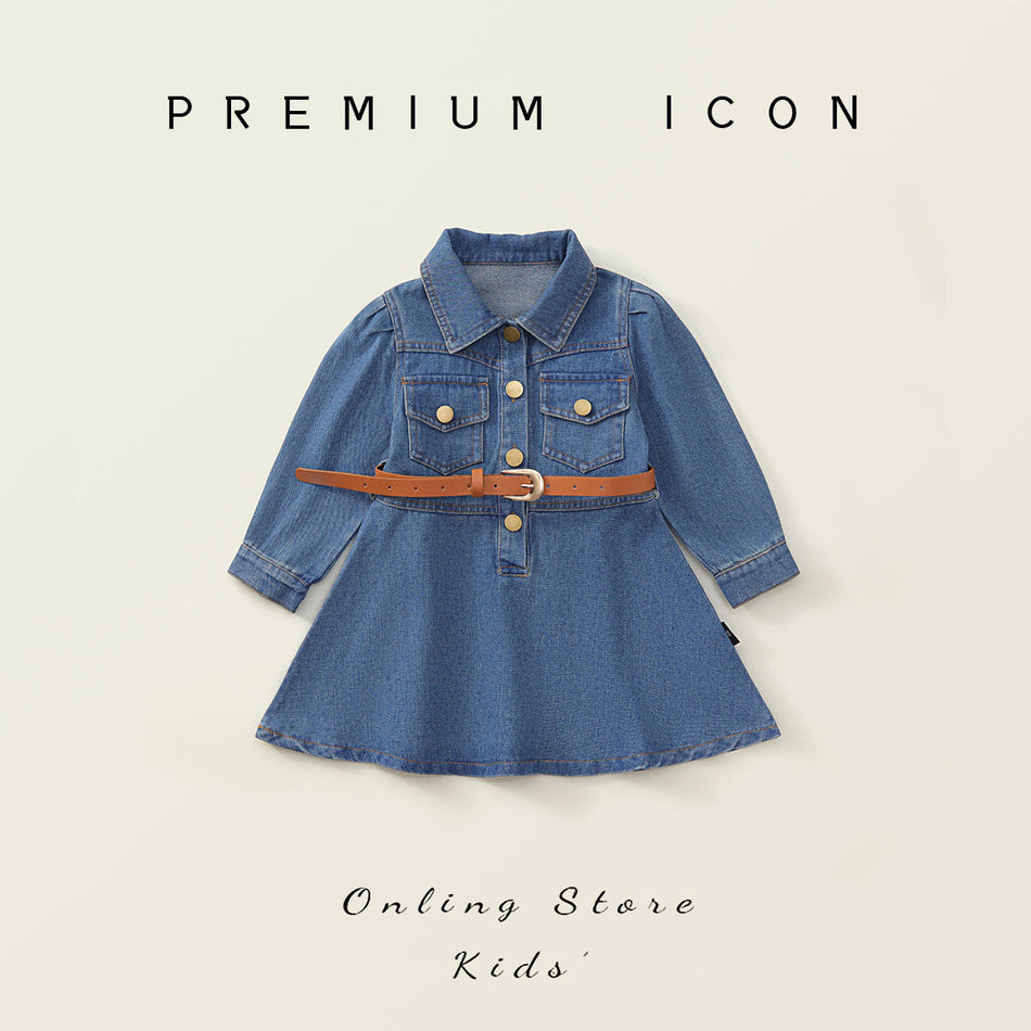 Girls Denim Belt Dress Korean Autumn Style – Spring Autumn Kids Fashion Nepal | Tudoholic
