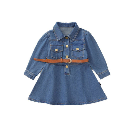 Girls Denim Belt Dress Korean Autumn Style – Spring Autumn Kids Fashion Nepal | Tudoholic