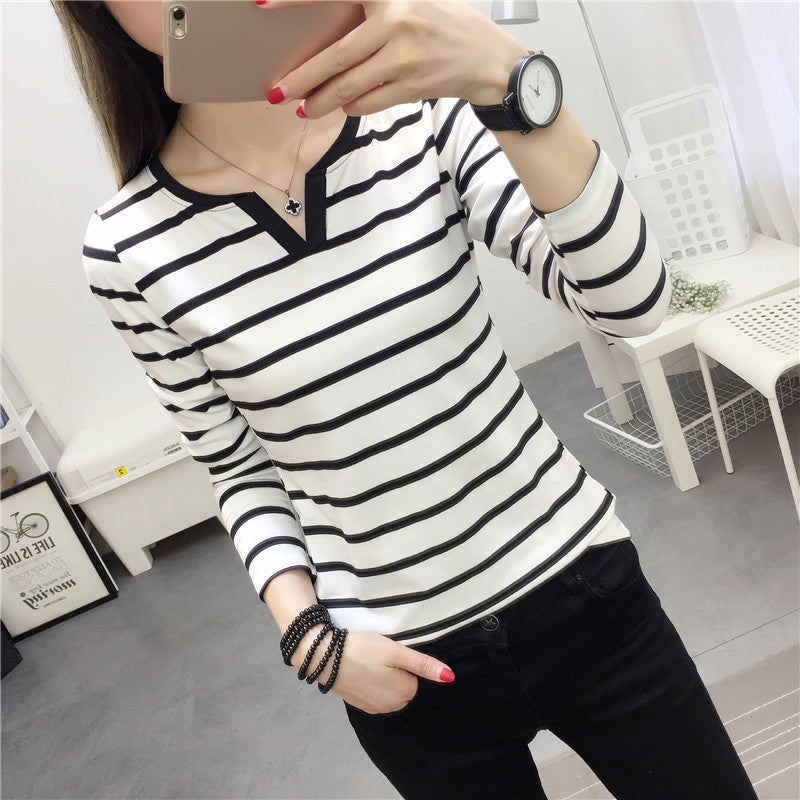Korean Style Striped V Neck Long Sleeve Top for Women