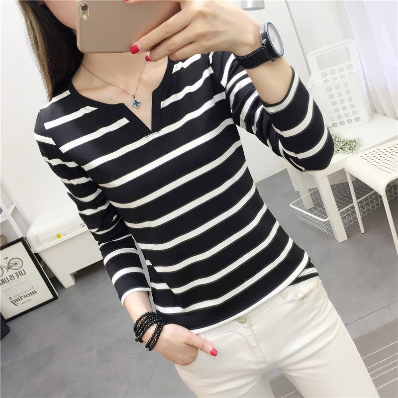 Korean Style Striped V Neck Long Sleeve Top for Women