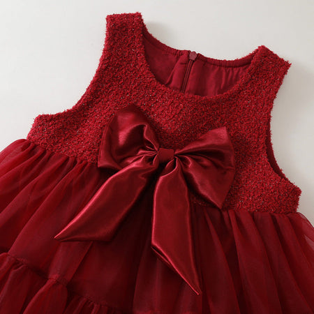 Girls Red Mesh Bow Sleeveless Vest Dress Autumn – Spring Autumn Kids Fashion Nepal | Tudoholic
