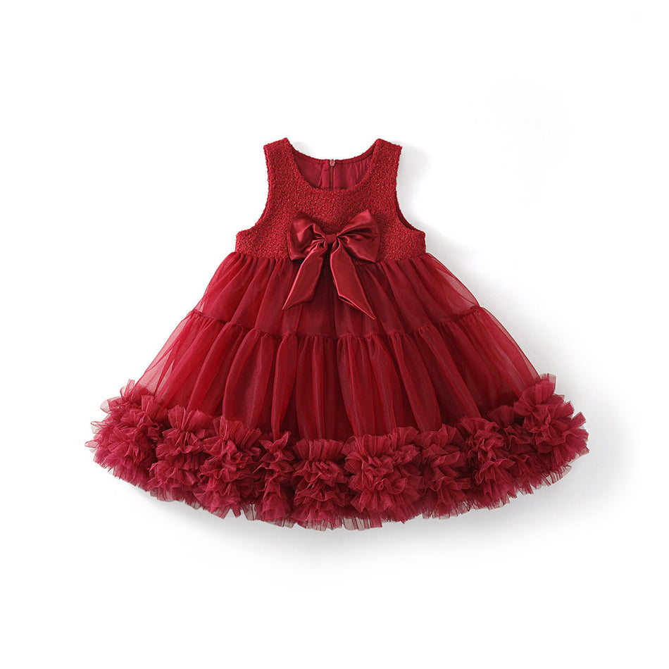 Girls Red Mesh Bow Sleeveless Vest Dress Autumn – Spring Autumn Kids Fashion Nepal | Tudoholic