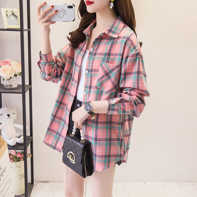 Cotton Plaid Long Sleeve Shirt for Women Retro Style