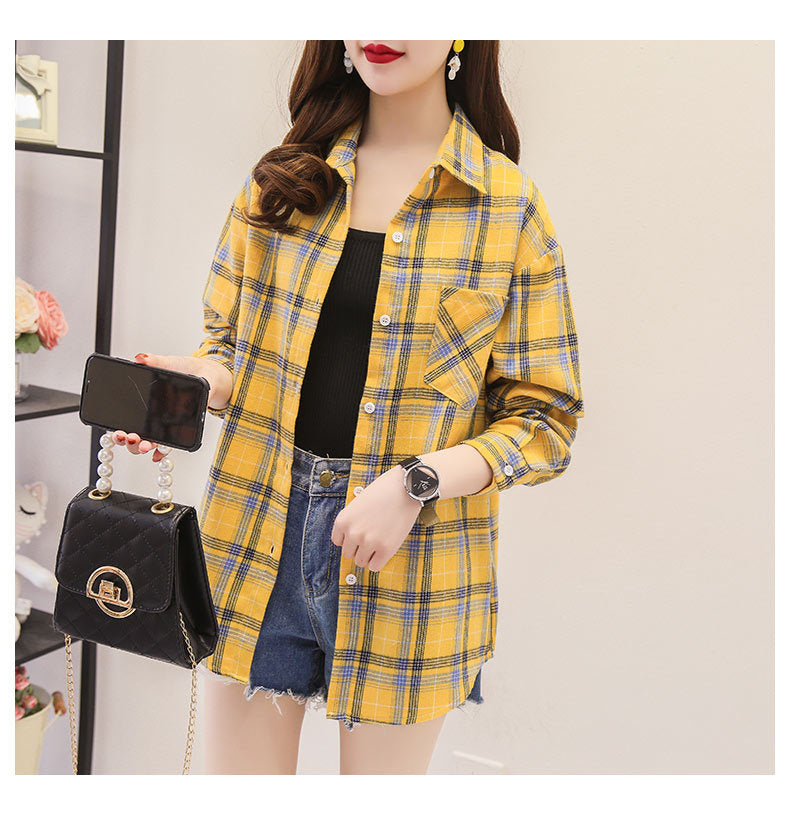 Cotton Plaid Long Sleeve Shirt for Women Retro Style