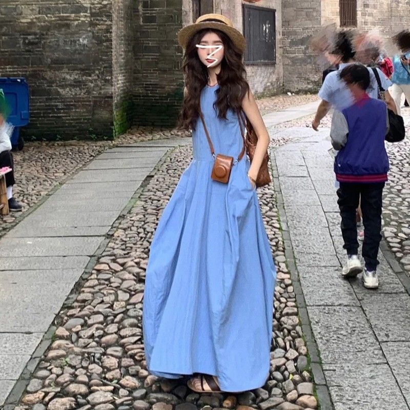 French Style Blue Vest Midi Dress for Women Summer