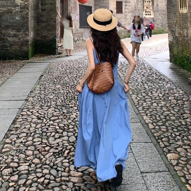 French Style Blue Vest Midi Dress for Women Summer