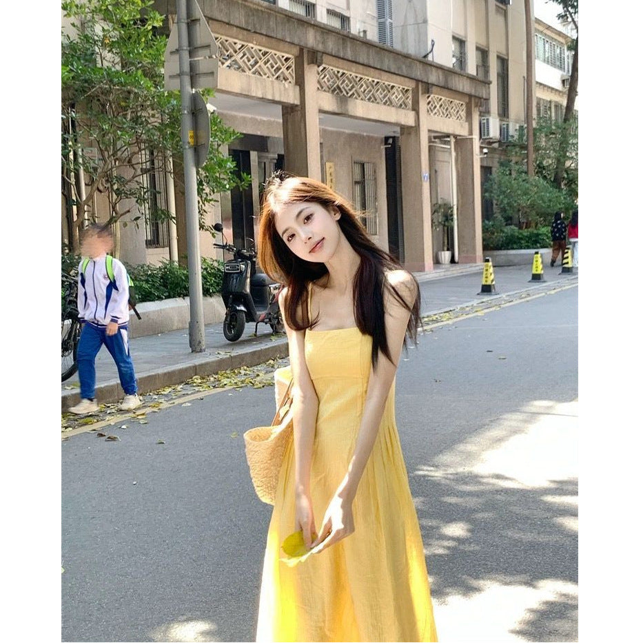 French Style Yellow Sling Maxi Dress for Women Summer